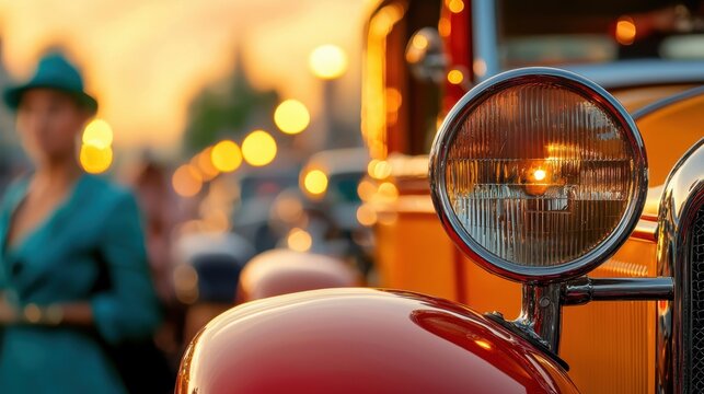 A crash involving vintage cars at a retro car show, surrounded by vintage fashion and anachronistic elements