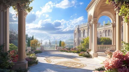 Beautiful outdoor 3D scene featuring elegant arch buildings, with a realistic backdrop of nature, blue skies, and architectural details