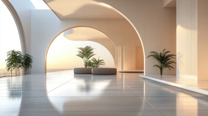 Fototapeta premium Elegant 3D-rendered interior design with arched structures and sleek modern architecture, set against a realistic background