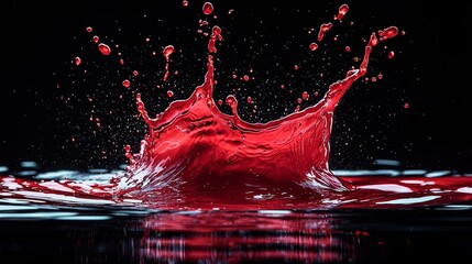 Red water splash with dynamic, sharp splashes on a black background, creating bold contrast and leaving room for copy space.