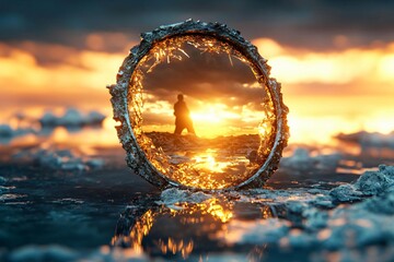 A surreal reflection of a person walking towards the sunset in a circular mirror, capturing nature's vibrant colors and serenity.