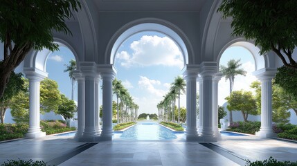 Obraz premium Elegant outdoor 3D design featuring arch buildings, set against a realistic background of nature and clear blue skies