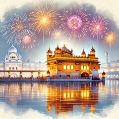 Fototapeta premium Watercolor illustration for guru nanak jayanti celebration with temple.