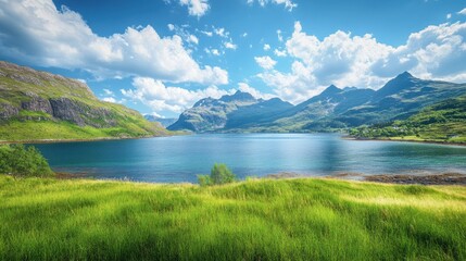 Fototapeta premium Majestic mountains and clear water sea, with lush green grasses under a bright sky, showcasing the beauty of nature in daylight