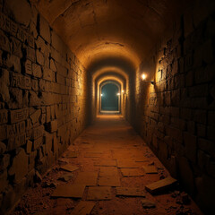 Mysterious dimly lit underground tunnel with ancient stone walls