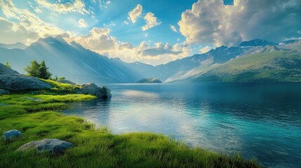 Fototapeta premium Scenic mountain landscape with clear blue water and green grass, basking in the daylight with a beautiful, cloud-filled sky in the background