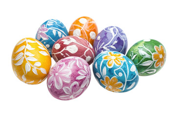 Fototapeta premium Brightly colored Easter eggs with intricate patterns, perfect for festive decoration and celebration. Vibrant hues and detailed designs highlight tradition.