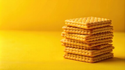 A stack of square golden biscuits on a vibrant yellow background with copy space