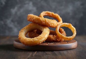 Crispy Golden-Brown Onion Rings on Wooden Board with Dark Textured Background