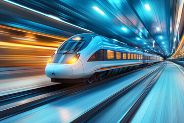 Fototapeta premium A sleek, futuristic high-speed train zooms through an illuminated tunnel, capturing the essence of advanced transportation technology.