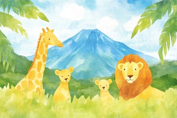 Watercolor safari scene with giraffes, lions, volcano