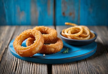 Crispy Onion Rings and Curly Fries on Blue Wooden Board with Rustic Background