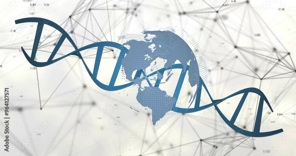 Sticker Animation of globe and dna strand over network of connections on white background