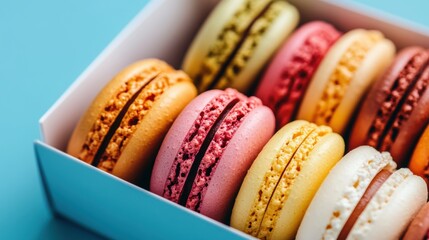 Colorful macarons in box on blue background