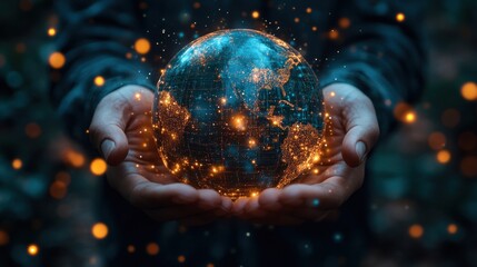 Hands holding a glowing, digital representation of Earth.