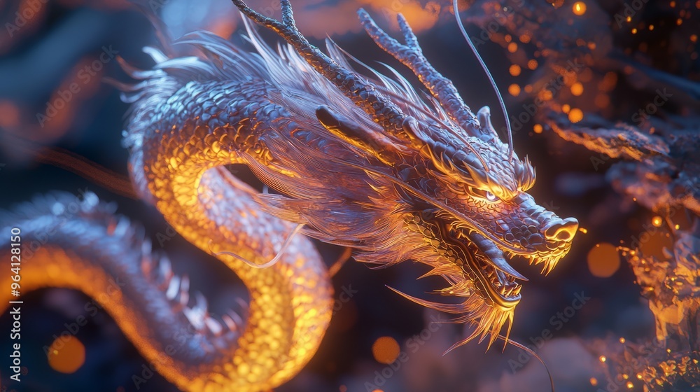 Sticker Close up of a golden dragon with glowing eyes and sharp teeth.