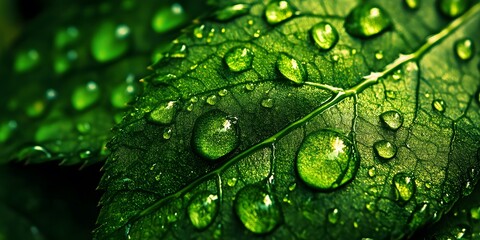 Fototapeta premium Close-up of water droplets on a green leaf, macro photography, macro lens