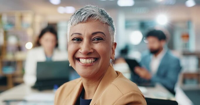 Woman, smile and face in office for business, pride and team in finance department. Mature accountant, happy and portrait in corporate workplace for company growth, professional and legal audit