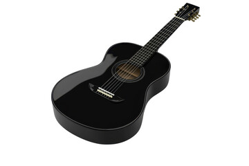 Close-up of a sleek, black acoustic guitar on a transparent background. highlighting its intricate curves and string details in high resolution.