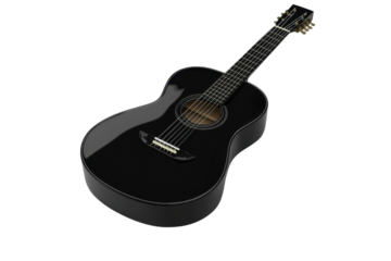 Close-up of a sleek, black acoustic guitar on a transparent background. highlighting its intricate curves and string details in high resolution.