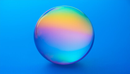 Holographic gradient sphere. Vibrant gradient bright glowing round on blue background.