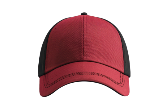 Close-up of a stylish red and black baseball cap, perfect for casual wear, fashion, and sporting events.