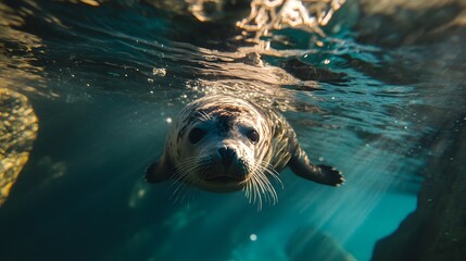Fototapeta premium Seal Swimming Underwater in Sunbeams