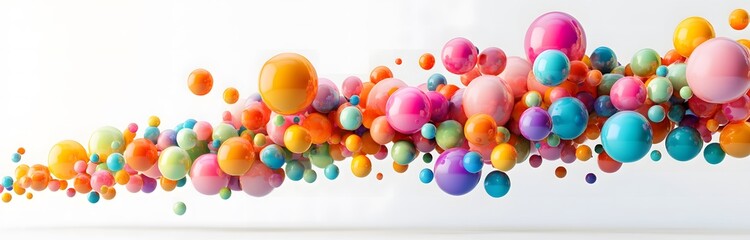 Colorful spheres, balls, and particles in motion on a white background