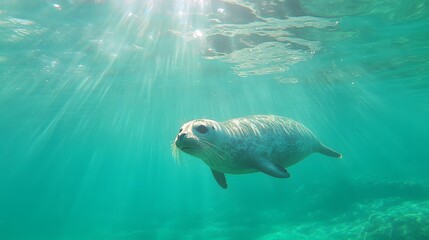 Obraz premium Seal Swimming Underwater in Sunbeams