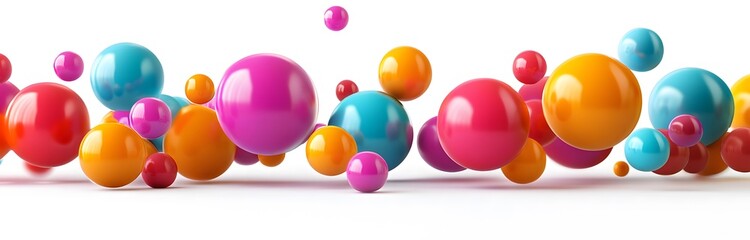 Colorful spheres, balls, and particles in motion on a white background