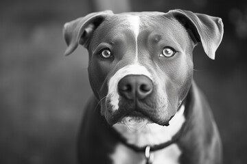 Black and white close-up portrait of a pit bull with captivating eyes and detailed facial features