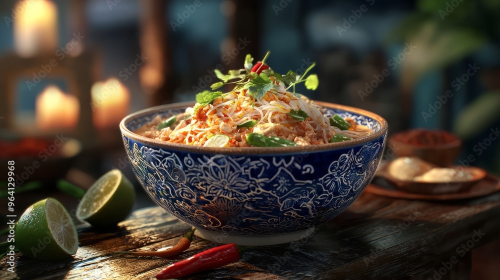 Sticker Closeup of a bowl of noodles with fresh herbs on top, set on a rustic table.