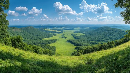 Majestic Wind Turbines Overlooking Lush Valley and Clear Blue Sky