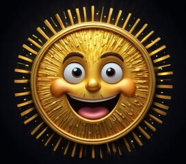 A delightful golden sun face icon featuring a happy expression with wide eyes and a big smile. Surrounded by radiating beams, this shiny metallic design exudes warmth and joy, making it ideal for