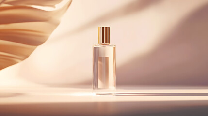 mockup featuring a clear toner bottle with minimalistic gold labeling, placed in front of a soft gradient background