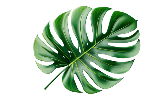 A detailed illustration of a vibrant green Monstera leaf, showcasing its characteristic split and fenestrated shape. The tropical leaf is isolated on a white background.