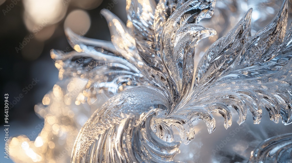 Sticker Close-up of a crystal clear ice sculpture with intricate details.