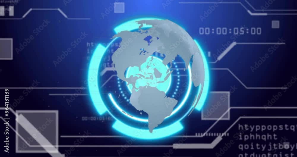 Poster animation of globe over data processing on blue background