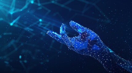 Blue abstract futuristic background with touch of a human hand on the electronic display of the interface,