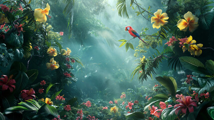 A colorful jungle scene with a parrot flying through the trees. Tropical forest, meadow with flowers and tropical vines