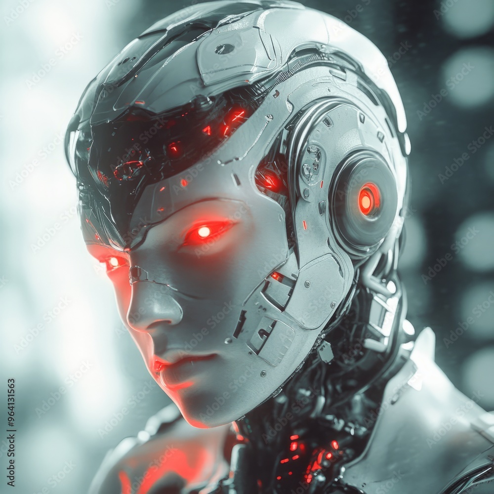 Canvas Prints Close-up of a female humanoid robot with red glowing eyes.