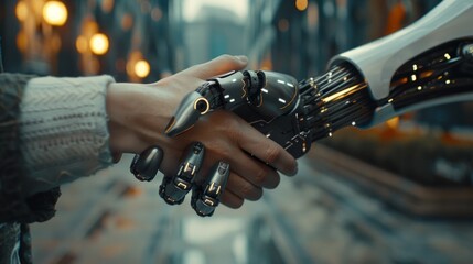 Two robotic hands shaking in a futuristic city street, representing unity, technology, and advancement.