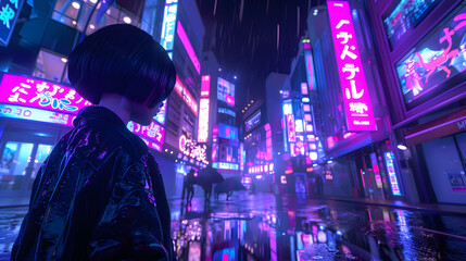 A Japanese girl with short black hair exploring a neon-lit cityscape. Cyberpunk Tokyo. Midnight. Holographic advertisements reflecting in puddles. 
