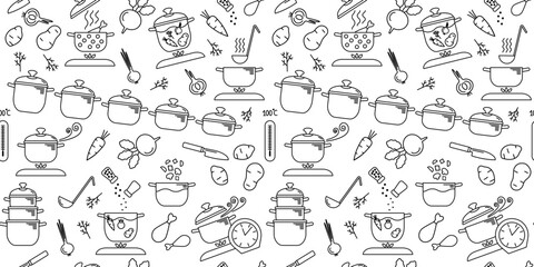 Background. Seamless pattern on a transparent background. Kitchen, dishes, saucepan, knife, cutting vegetables, cooking, vegetables - beets, potatoes, carrots, onions, chicken leg, etc.
