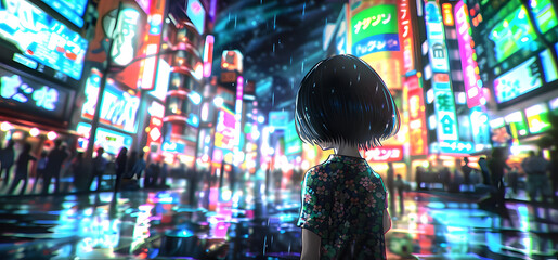 A Japanese girl with short black hair exploring a neon-lit cityscape. Cyberpunk Tokyo. Midnight. Holographic advertisements reflecting in puddles. 