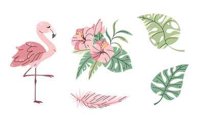 Set of tropical animals and plants on white background. Illustration of flamingo, hibiscus and palm leaves in flat cartoon style. Tropical collection. Vector clipart for clothes, fabric, greeting card