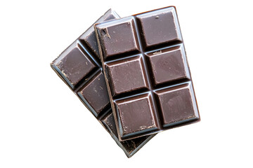 Close-up of two dark chocolate bars with square segments, isolated on a transparent background. conveying a rich, indulgent treat.