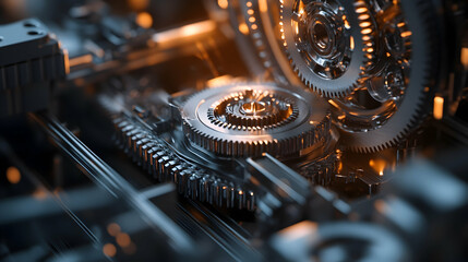 Close-up of precision gears and cogs in motion within a complex piece of machinery, illuminated by focused industrial lighting