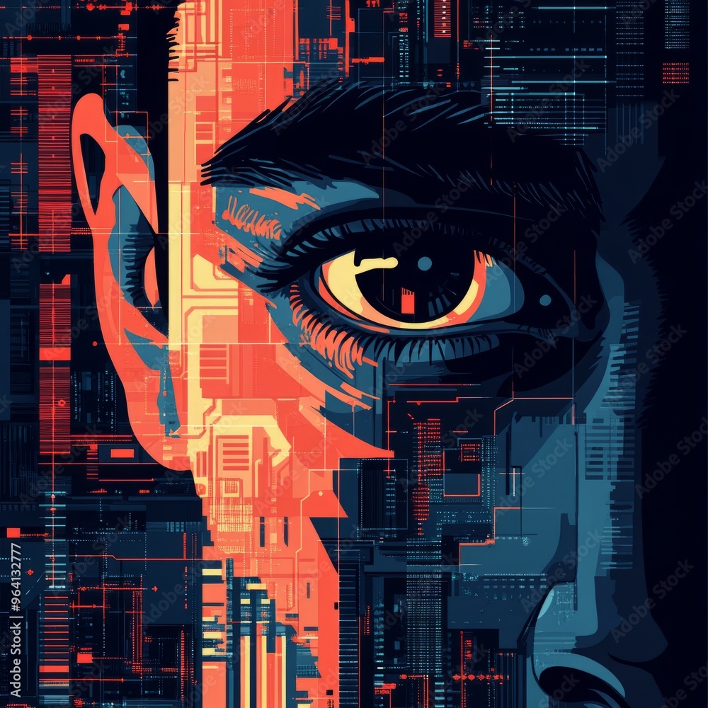 Poster Close-up of a human eye with a digital, futuristic background.