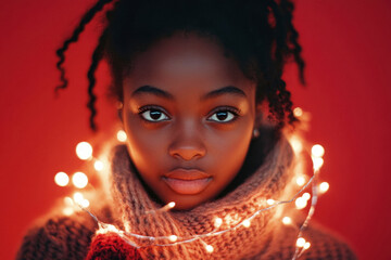 Woman with afro attired with scarf and festive christmas ligths against red background at studio